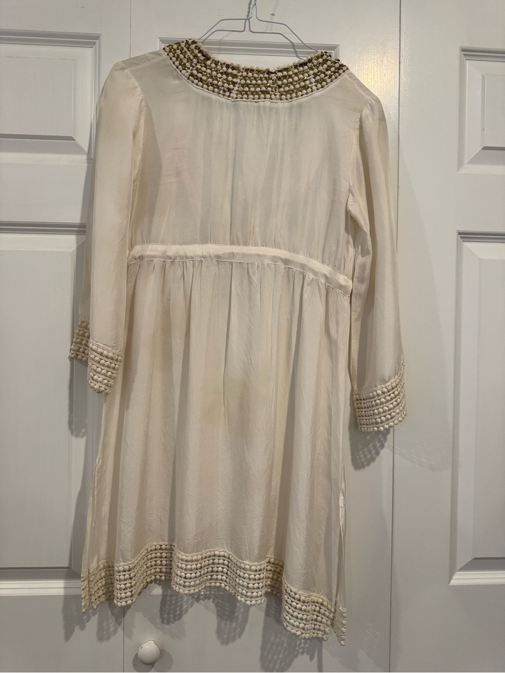 DESPI 100% Silk Beaded Swim Cover Up Tunic Dress Ivory Resort Boho Size M - Picture 8 of 15